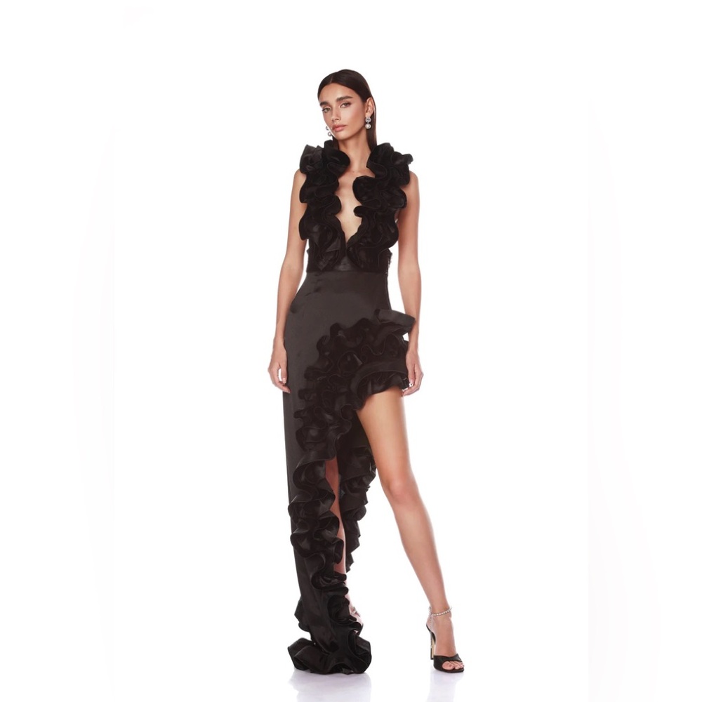 Bronx and Banco Black Ruffled Maxi Dress
